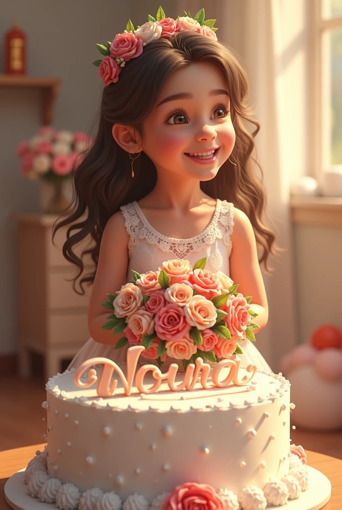 Create a 3d image in which a teenager girl cutting Cake wearing red color top with Name "BUBU" is written clearly on the Cake and 20 year candle burning on the cake , image features with birthday decorated view, realistic image, background decorated with birthday items.