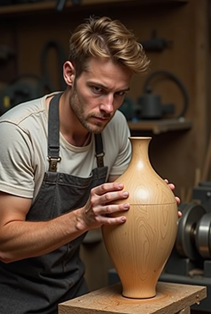 young, Beautiful, handsome, white, skinny, soft skin, beautiful face, shirtless, In an old pottery shop making a pot with an old man who teaches him