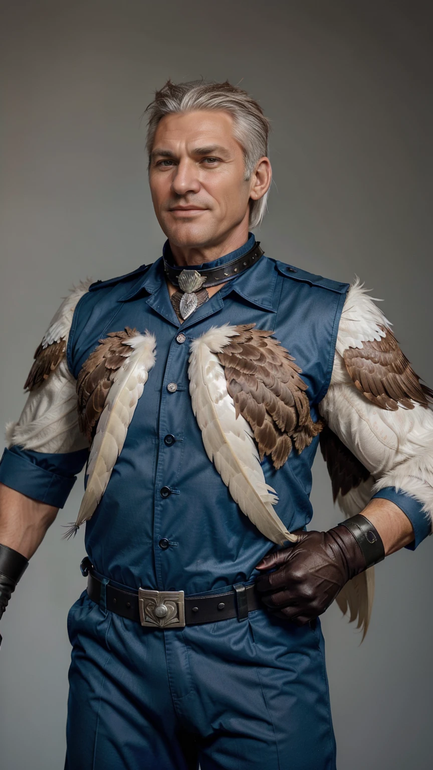 male, 58 y.o, white hair, quiff hairstyle, anthropomorphic, ((eagle)), eagle tail, muscular, ((U.S Policeman Uniform)), feathers, (mid transformation:1.3), standing, looking up at viewer, show his friendly smile, shining eyes, gallantic expression, (human), (magic collar), high angle, (by wfa)