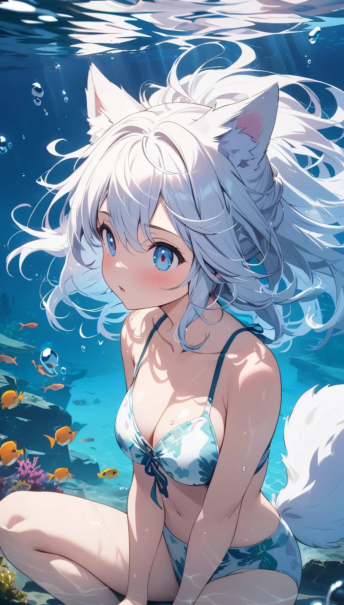 (masterpiece:1.2), (Best Quality:1.2), Ultra-high resolution, Very detailed, Wolf Girl, White Hair, Swimwear, Underwater flip, Hold your breath, Otherworldly fantasy, Fluffy tail, cute, Digital anime art,Anime style illustrations,Anime illustration