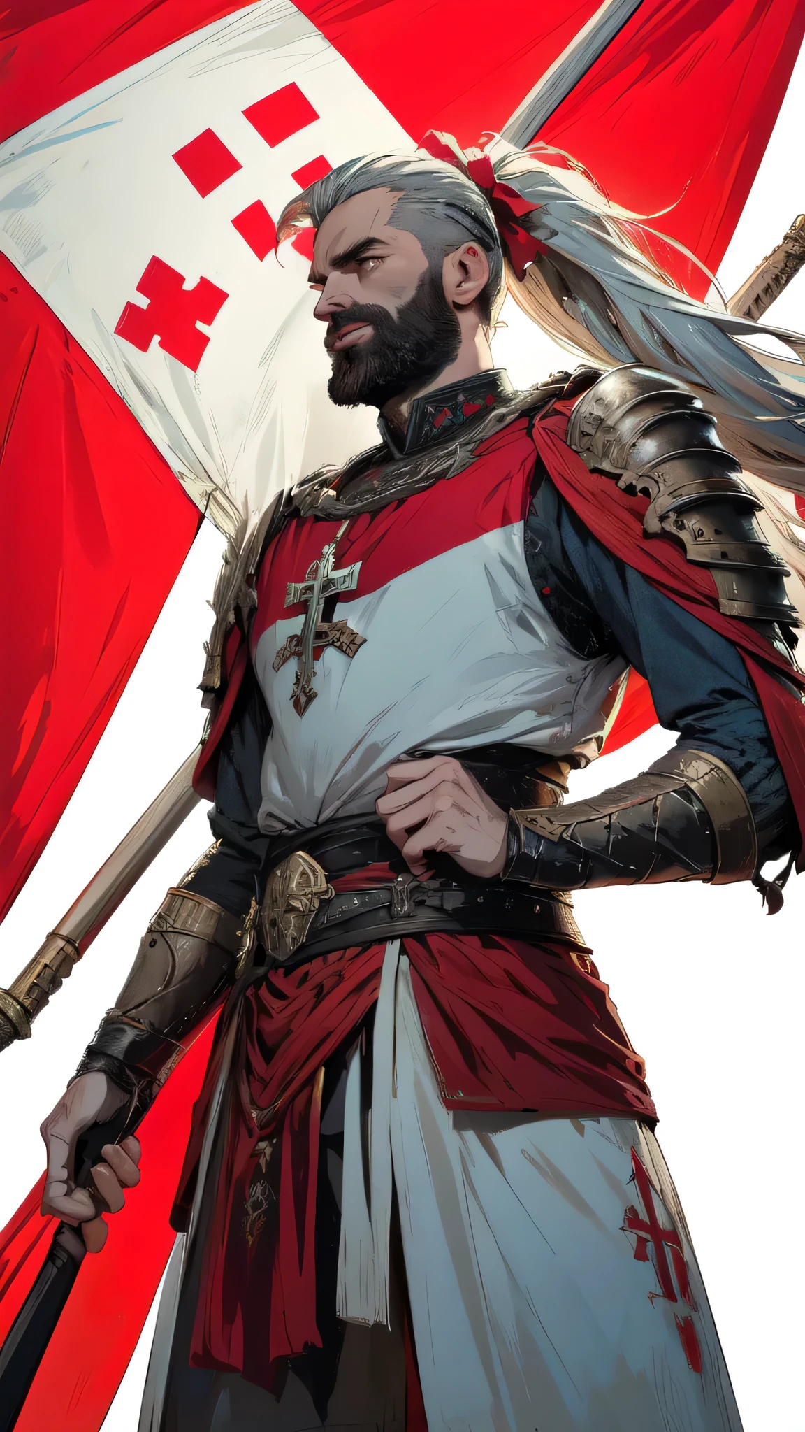 A beautiful warrior man in a fantasy fire, sagittarius, detailed eyes, detailed lips, medieval armor, flowing hair, heroic pose, dramatic lighting, digital painting, vibrant colors, cinematic, highly detailed, 8k, photorealistic, bow,The flag of Georgia consists of a white field with a large red cross that divides the flag into four quadrants. Each quadrant contains a small red cross, called a Bolnur-Katskhuri cross, making five crosses in total. The design is symbolic of Georgia's Christian heritage and is known as the "Five Cross Flag." The color palette is simple: red and white, symbolizing purity and courage.

For an AI art creator, you can emphasize the simplicity and boldness of the design, focusing on the contrast between the bright white background and the vivid red crosses. This clean and geometric look can be a powerful and minimalistic theme.