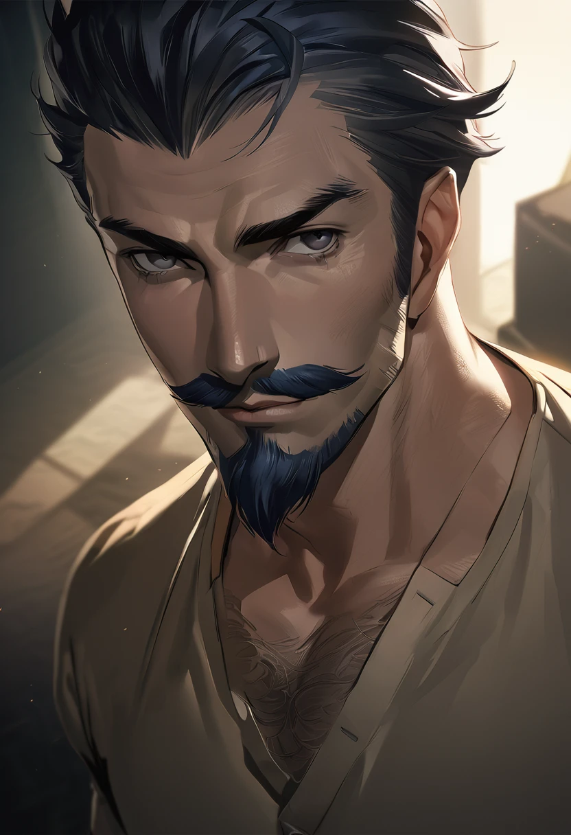 a muscular man, middle-aged, 56 y.o, quiff hairstyle, dark blue hair, dark blue mustache, dark blue beard, beige blouse, dark brown khaki trousers, handsome face, detailed eyes, nose and lips, 8k, high quality, photorealistic, dramatic lighting, cinematic