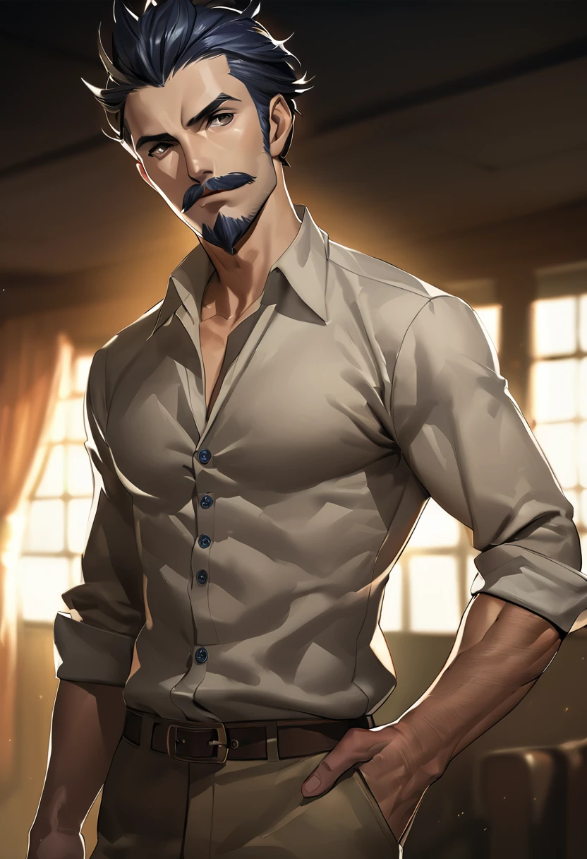 a muscular man, middle-aged, 56 y.o, quiff hairstyle, dark blue hair, dark blue mustache, dark blue beard, beige blouse, dark brown khaki trousers, handsome face, detailed eyes, nose and lips, 8k, high quality, photorealistic, dramatic lighting, cinematic