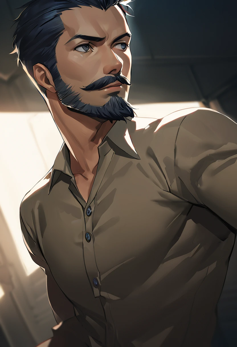 a muscular man, middle-aged, 56 y.o, quiff hairstyle, dark blue hair, dark blue mustache, dark blue beard, beige blouse, dark brown khaki trousers, handsome face, detailed eyes, nose and lips, 8k, high quality, photorealistic, dramatic lighting, cinematic