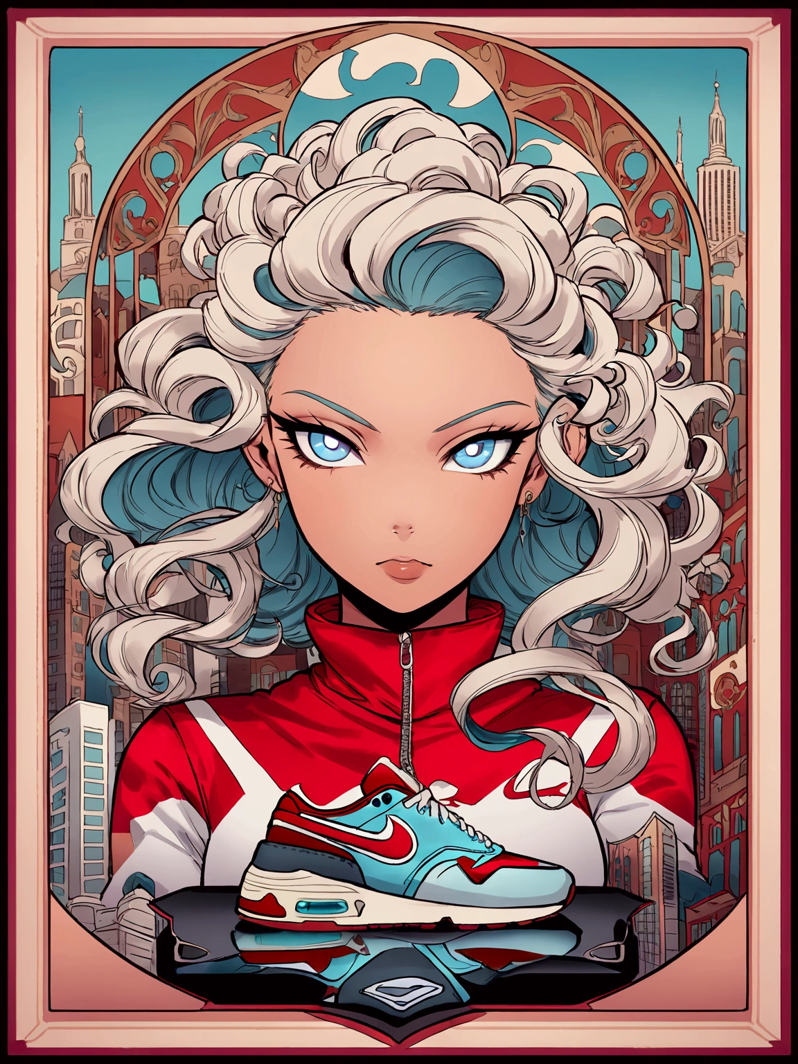 Drawing by Butcher Billy, Art Nouveau style portrait of Skylina as she traverses the city streets. Her silver-white, slightly curly hair flows gracefully. Her turquoise blue eyes are captivating. She's adorned in New Balance clothing and black and red Nike Air Max shoes. The backdrop is a decorative and ornate representation of a city.