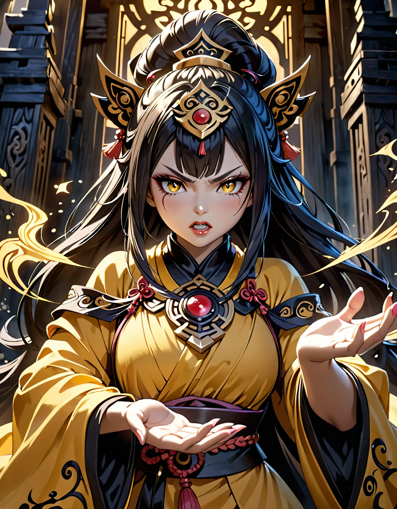 A female onmyoji in a mysterious yellow robe, Intricate black amulet, Casting a Spell, Angry expression, Detailed facial features, Beautiful eyes and lips, Delicate hands, Loose-fitting clothing, Dramatic lighting, Dark fantasy atmosphere, Structure of the film, Very detailed, 8k, Realistic