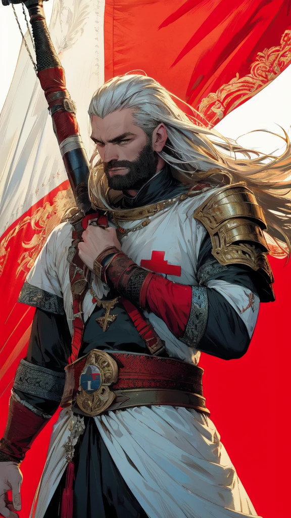 A beautiful warrior man in a fantasy fire, sagittarius, detailed eyes, detailed lips, medieval armor, flowing hair, heroic pose, dramatic lighting, digital painting, vibrant colors, cinematic, highly detailed, 8k, photorealistic, bow,The flag of Georgia consists of a white field with a large red cross that divides the flag into four quadrants. Each quadrant contains a small red cross, called a Bolnur-Katskhuri cross, making five crosses in total. The design is symbolic of Georgia's Christian heritage and is known as the "Five Cross Flag." The color palette is simple: red and white, symbolizing purity and courage.

For an AI art creator, you can emphasize the simplicity and boldness of the design, focusing on the contrast between the bright white background and the vivid red crosses. This clean and geometric look can be a powerful and minimalistic theme.