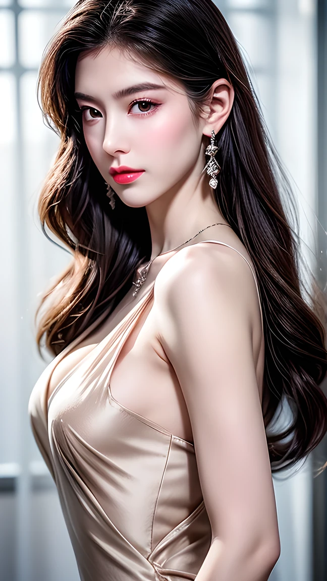 Top CG, Highest image quality, Masterpiece delicate and delicate girl, (185cm beauty), (Slender figure), Imperial sister, Queen temperament, Fair skin, ((Long legs)), Perfect facial features, Bright eyes, posture, Red lips, Beautiful and cold (A major breakthrough)), Beautiful and heroic, （Firm breasts）Soft and long hair, Sparkling wine, Lace edge, net, Skin visible through perspective, Wearing glasses, Diamond Earrings, Ruby Necklace, (Evening Dress), 8K Image Quality, (Realistic Portraits), Characters fill the screen, (Facial lighting), ((permanent)