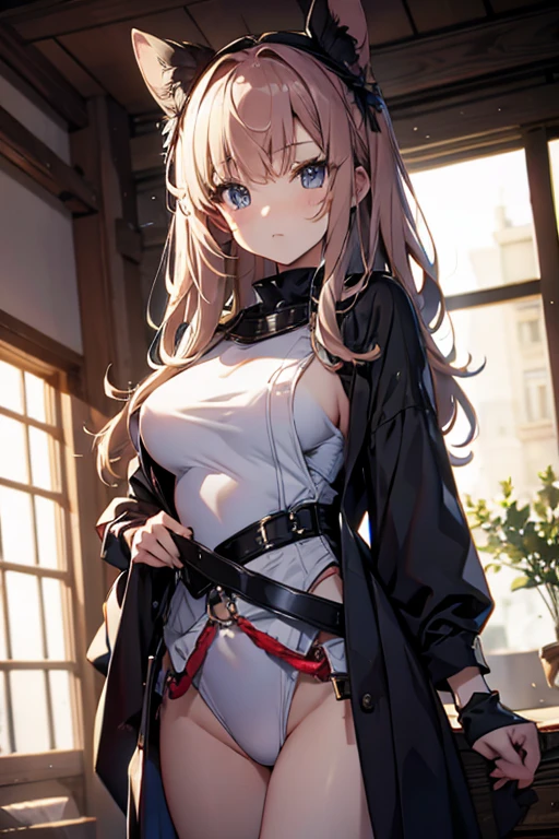 ddsister, long hair, two side up, wavy hair, grin, crop top, cropped shirt, black shirt, chest harness, suspenders, off shoulder, black jacket, open jacket, long sleeves, midriff, miniskirt, black skirt, thigh strap,(((spoken heart))),,,,(((dark room))),church,looking viewer,huge breasts,nsfw,(((lift skirt,panties)))