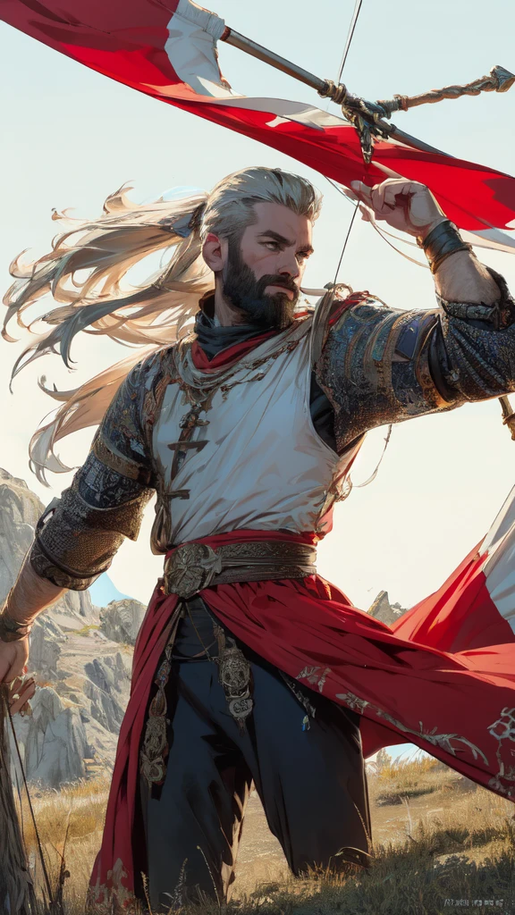 A beautiful warrior man in a fantasy fire, sagittarius, detailed eyes, detailed lips, medieval armor, flowing hair, heroic pose, dramatic lighting, digital painting, vibrant colors, cinematic, highly detailed, 8k, photorealistic, bow,The flag of Georgia consists of a white field with a large red cross that divides the flag into four quadrants. Each quadrant contains a small red cross, called a Bolnur-Katskhuri cross, making five crosses in total. The design is symbolic of Georgia's Christian heritage and is known as the "Five Cross Flag." The color palette is simple: red and white, symbolizing purity and courage.

For an AI art creator, you can emphasize the simplicity and boldness of the design, focusing on the contrast between the bright white background and the vivid red crosses. This clean and geometric look can be a powerful and minimalistic theme. For an AI art creator, you can describe a bow as a traditional weapon used in archery, consisting of a curved, flexible piece of material (usually wood or modern composites) with a string connecting both ends. The bow's central part, called the grip, is where the archer holds it. The limbs extend from either side of the grip and are bent by drawing the string back, storing potential energy that releases when the arrow is shot.

Visually, bows can range from elegant and simplistic designs like the classic longbow, which is tall and slightly curved, to the more complex and angular compound bows with pulleys and cables. If it's a fantasy or medieval style, it can have ornate engravings, wood textures, or glowing runes to evoke mysticism or a warrior's heritage.