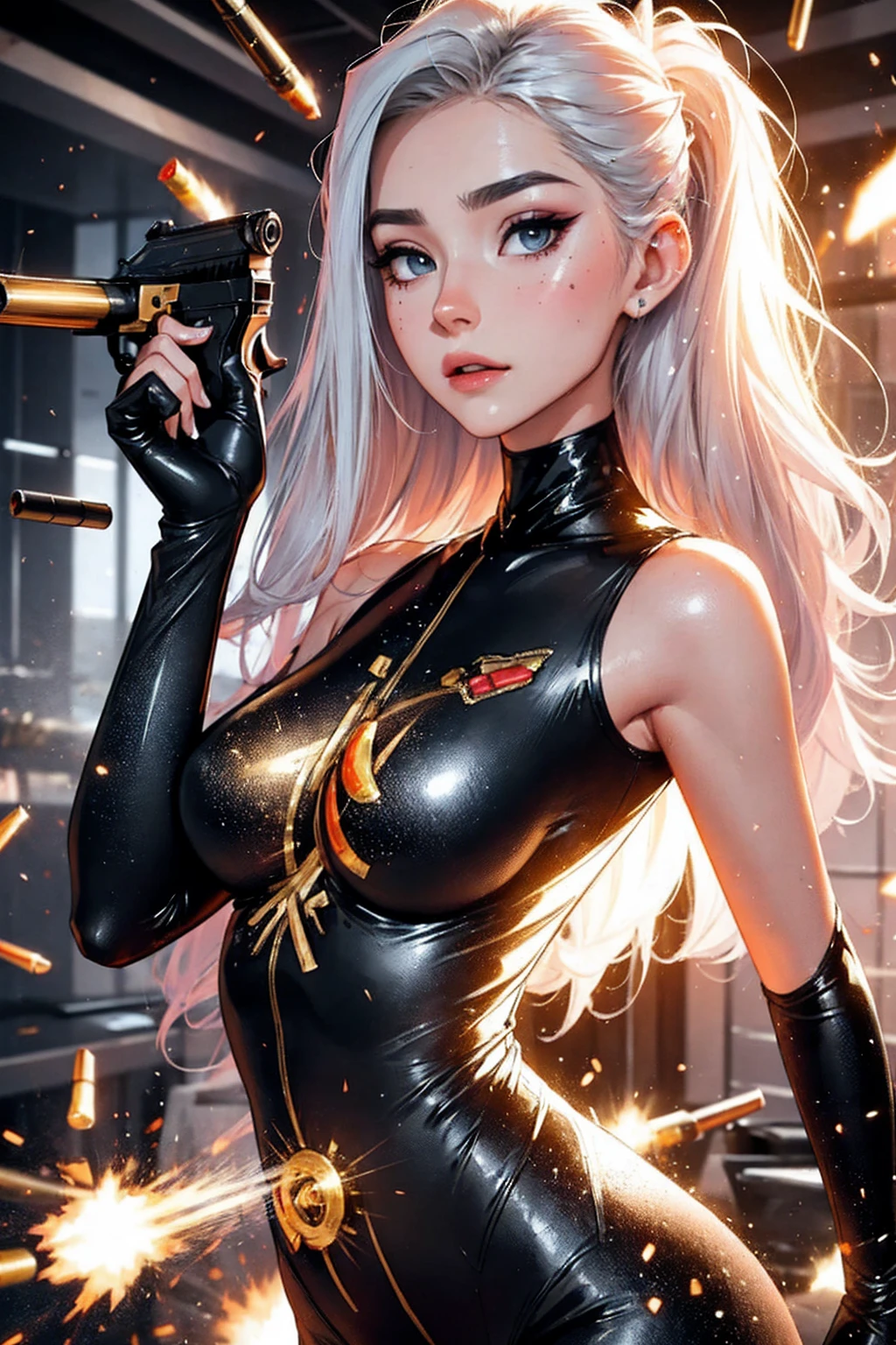 photorealistic, high resolution, 1 women, solo, hips_up, hips up, beautiful eyes,dark makeup, influencer, thot, blush,  look at viewer, close lips, detailed face, white hair, long hair,, , (black and gold bodysuit, futuristic), shiny skin, wet skin, slender body, dark makeup, abs, slender, hair pushed back in front, slim body, tsunami hair, (((firing,bullet,gun,light particles))),
