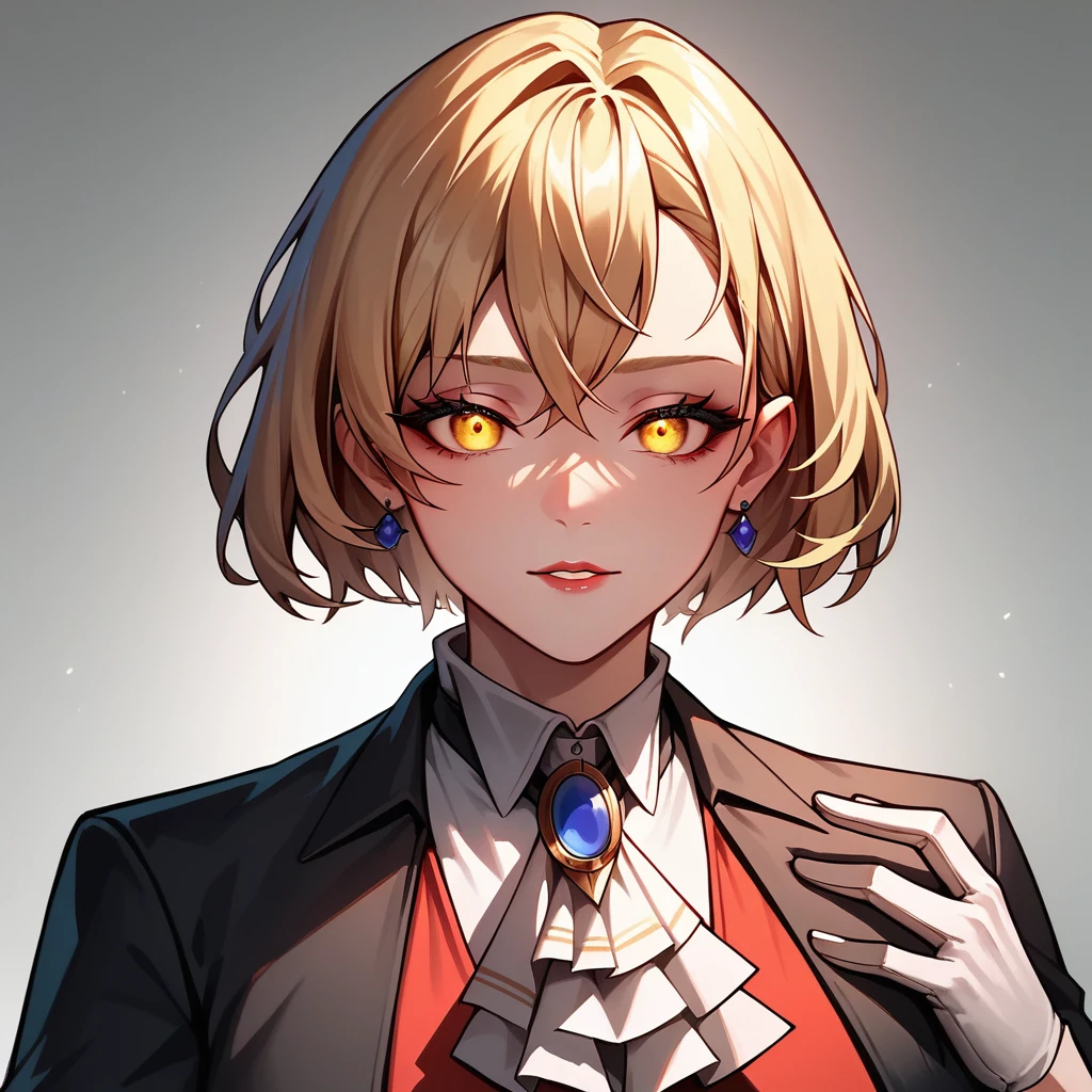 1female,YSK, milf, blonde hair, short hair, yellow eyes, ascot, brooch, white gloves, red vest, black jacket, white shirt, Merchant, break  masterpiece、super detailed eyes, super detailed face, Beautiful attention to detail:1.2, Perfect lighting, (perfect hand, perfect anatomy), Precise depiction、Vibrant colors