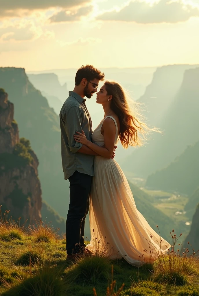 Happy couple in a fantastic world, Holds Yorkshire, mont, the sunset, ultra-realistic realism, girl with curly hair