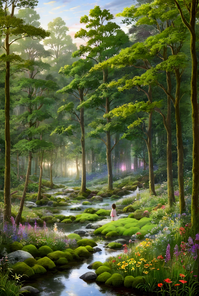 “A serene forest scene with soft morning light filtering through the trees. A small child stands in a peaceful stream, surrounded by vibrant wildflowers and moss-covered rocks. The atmosphere feels magical, with a sense of wonder and tranquility as the child gazes at the beauty of nature.”