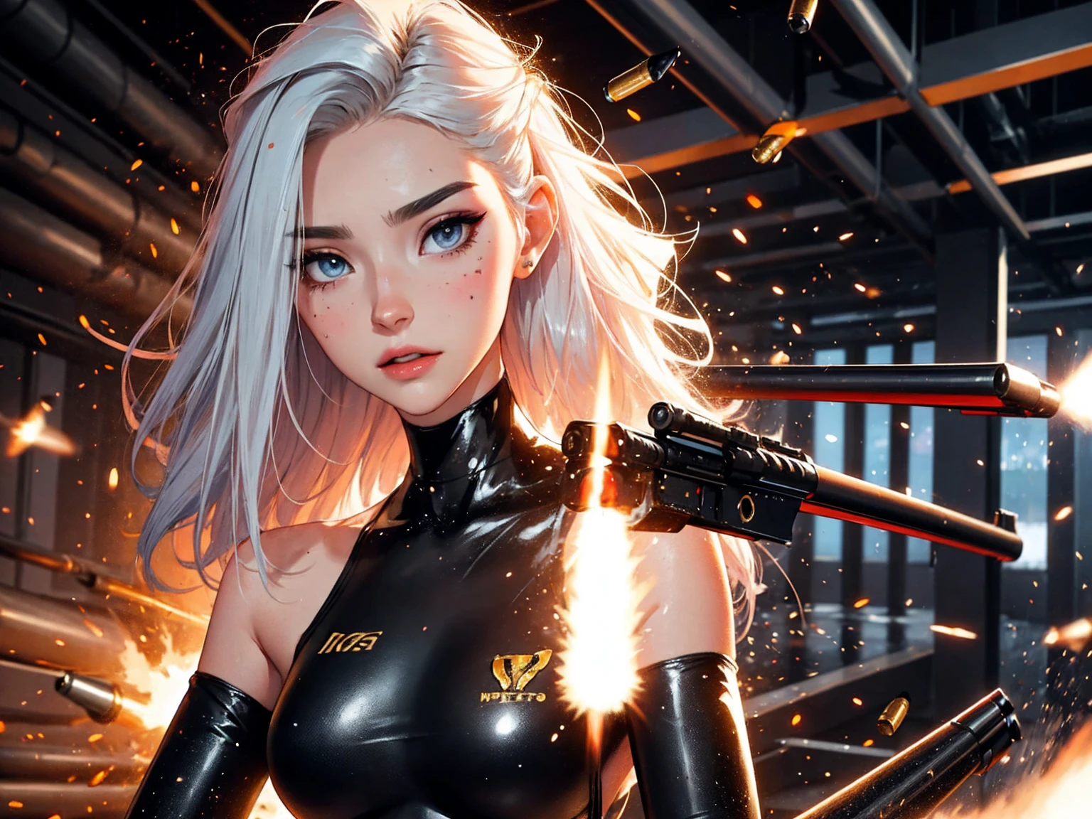 photorealistic, high resolution, 1 women, solo, hips_up, hips up, beautiful eyes,dark makeup, influencer, thot, blush,  look at viewer, close lips, detailed face, white hair, long hair,, , (black and gold bodysuit, futuristic), shiny skin, wet skin, slender body, dark makeup, abs, slender, hair pushed back in front, slim body, tsunami hair, (((firing,bullet,gun,light particles))),
