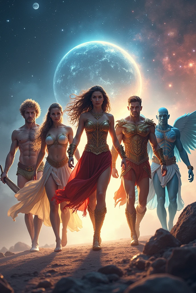 Prompt: The Guardians celebrate, standing triumphantly together as Earth glows with peace and harmony in the background. Proton, Neutron, Electron, Catalyst, and Bond are gathered, smiling and joyful, each radiating a distinct energy that symbolizes their role in restoring balance. The Earth in the distance shines brightly, surrounded by a soft, peaceful glow, symbolizing stability and order. The scene is filled with vibrant colors, representing the harmony and unity achieved by the Guardians' teamwork.