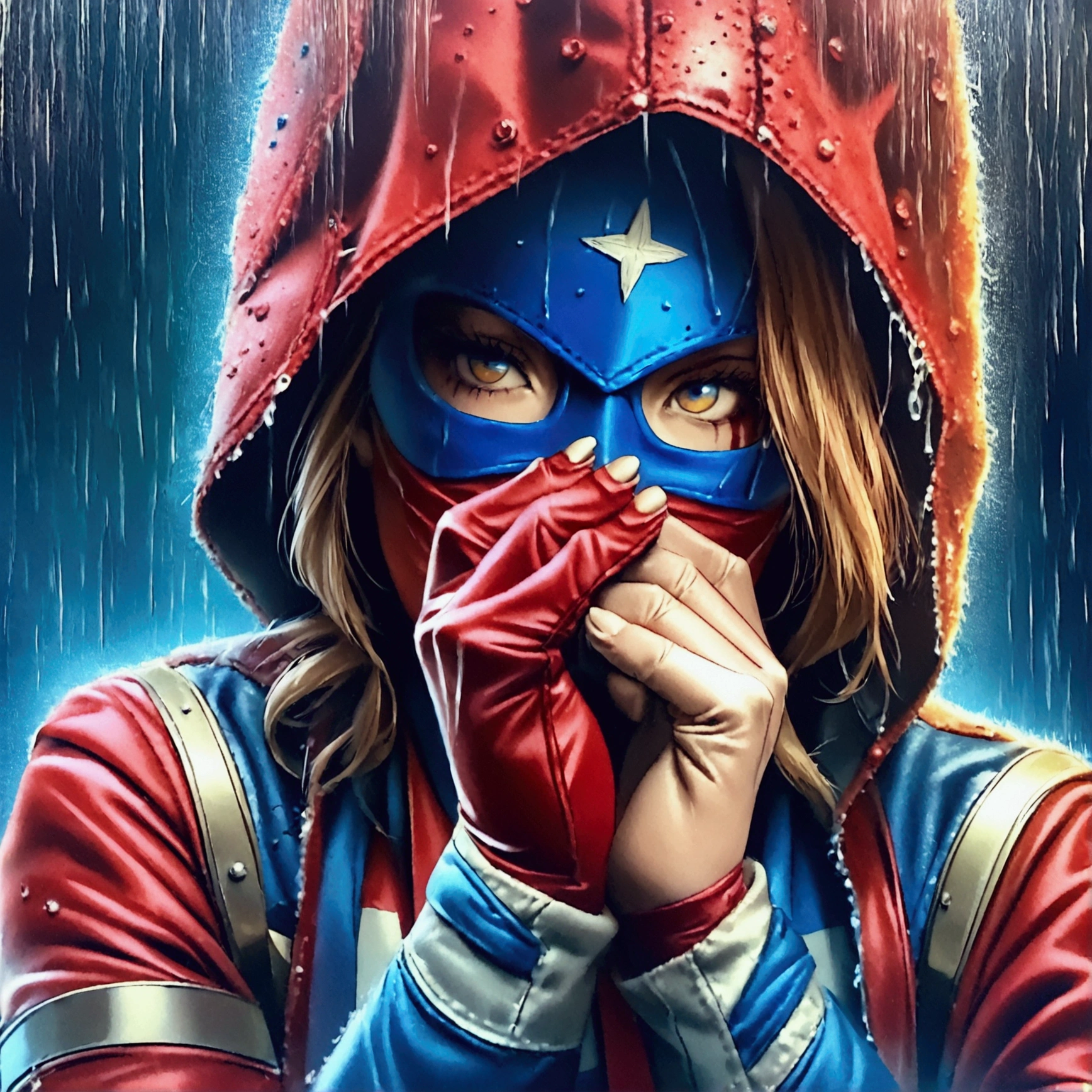 A masked superhero in full costume is bruised and battered. She faces down her rival with her fists up. Rain falls. Cold War america. Action packed Portrait in the style of Steve McNiven. Comic book panels. Bright Colors. Heroic. Underdog.