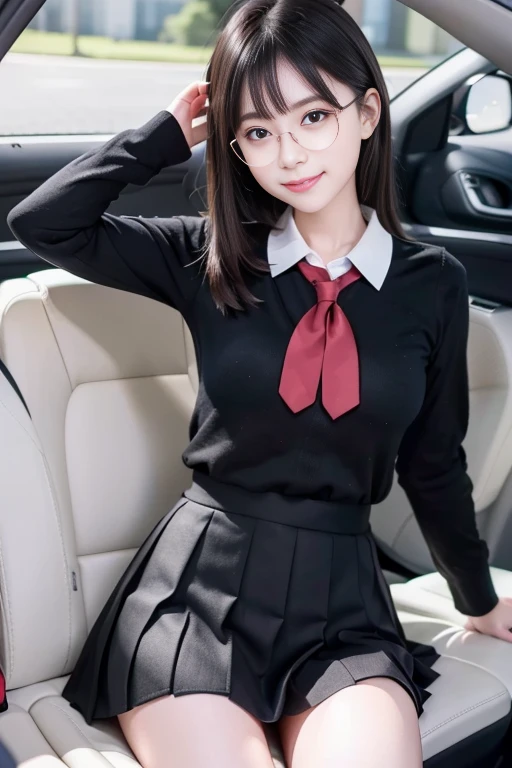 ((4K images)), ((8K images)), ((Full body image)), masterpiece, High resolution, Best Quality, Attention to detail, Textured skin, Cross-dressing Mii-chan, Glasses, Black Hair, Medium Hair, Straight hair, Small Boobs, Flat Chest, girl uniform, Plain white long sleeve blouse, ((Red tie)), Navy blue pleated mini skirt, Black socks, Black Loafers, Inside the car at night, White panties, Smile, Droopy eyes, Narrow eyes,