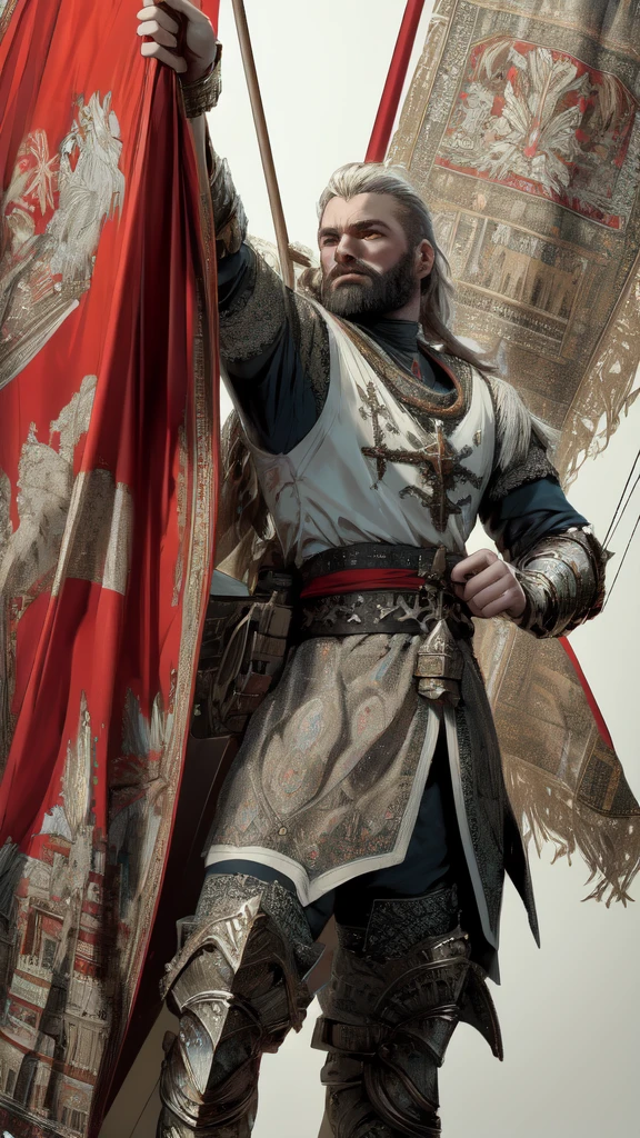 A beautiful warrior man in a fantasy fire, sagittarius, detailed eyes, detailed lips, medieval armor, flowing hair, heroic pose, dramatic lighting, digital painting, vibrant colors, cinematic, highly detailed, 8k, photorealistic, bow,The flag of Georgia consists of a white field with a large red cross that divides the flag into four quadrants. Each quadrant contains a small red cross, called a Bolnur-Katskhuri cross, making five crosses in total. The design is symbolic of Georgia's Christian heritage and is known as the "Five Cross Flag." The color palette is simple: red and white, symbolizing purity and courage.

For an AI art creator, you can emphasize the simplicity and boldness of the design, focusing on the contrast between the bright white background and the vivid red crosses. This clean and geometric look can be a powerful and minimalistic theme. For an AI art creator, you can describe a bow as a traditional weapon used in archery, consisting of a curved, flexible piece of material (usually wood or modern composites) with a string connecting both ends. The bow's central part, called the grip, is where the archer holds it. The limbs extend from either side of the grip and are bent by drawing the string back, storing potential energy that releases when the arrow is shot.

Visually, bows can range from elegant and simplistic designs like the classic longbow, which is tall and slightly curved, to the more complex and angular compound bows with pulleys and cables. If it's a fantasy or medieval style, it can have ornate engravings, wood textures, or glowing runes to evoke mysticism or a warrior's heritage.