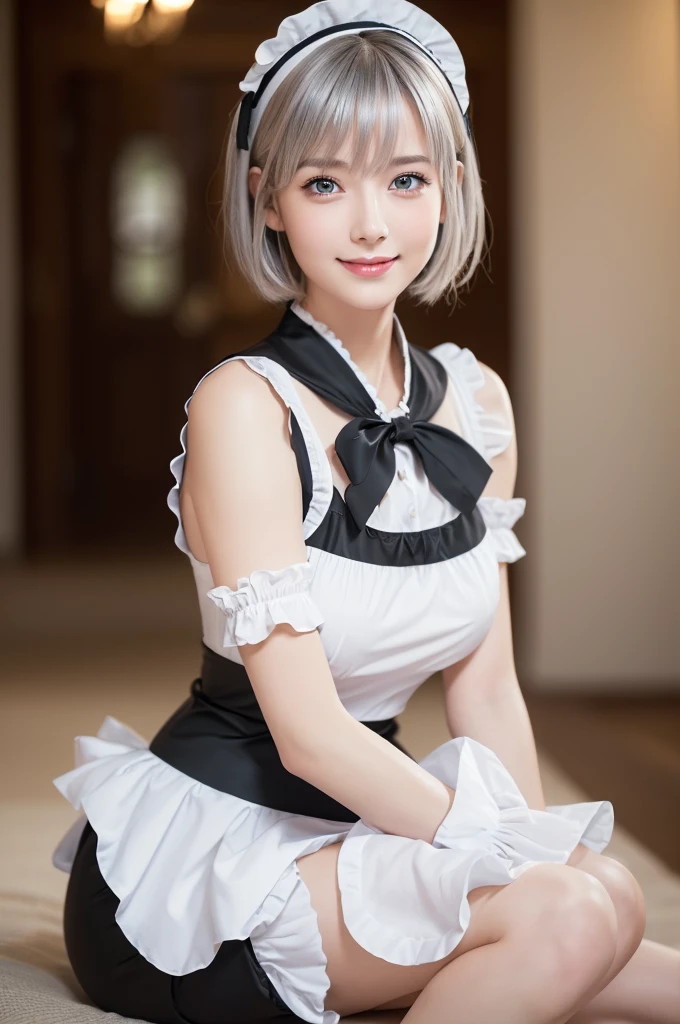 {{{Masterpiece: 1.2、64K High Resolution、UHD、HDR Graphics、ultra-detailliert、ultra-definition、A hyper-realistic: 1.2、extreme detailed face and body、realistic: 1.15、Raw photo: 1.15、Best Quality: 1.23}}}, {{{face and body with no defects、perfect anatomia、Perfect biology、Perfect physics、No extra fusion}}}, {{{Perfect beautiful body、 Perfect very beautiful little face、Super realistic: 1.37、Professional Photographer、Canon F/2.8 300mm Lens、Five fingers,、2 arms、2 legs}}}, (1 beautiful girl), ((short silver hair)), (((9th class, 18year old))), ((Very cute little round face: 1.3, Japan Extraordinary Beautiful Girl: 1.3, Very beautiful slit eyes: 1.18、Beautiful thin eyebrows、Perfect narrow very high beautiful nose、Cute red lips、very beautiful white skin、Perfect beautiful long fingers、Beautiful long legs、Beautiful nails、Natural makeup)), ((Black maid outfit with apron、short black mini skirt with ruffles,、Thigh-length stockings、Cute pumps、Cute ruffled panties)), (((FULL BODYSHOT, Sitting on the sofa、Looking away、Subject on the entire screen))), (((The face of a beautiful girl who is Japan world: 1.3)))