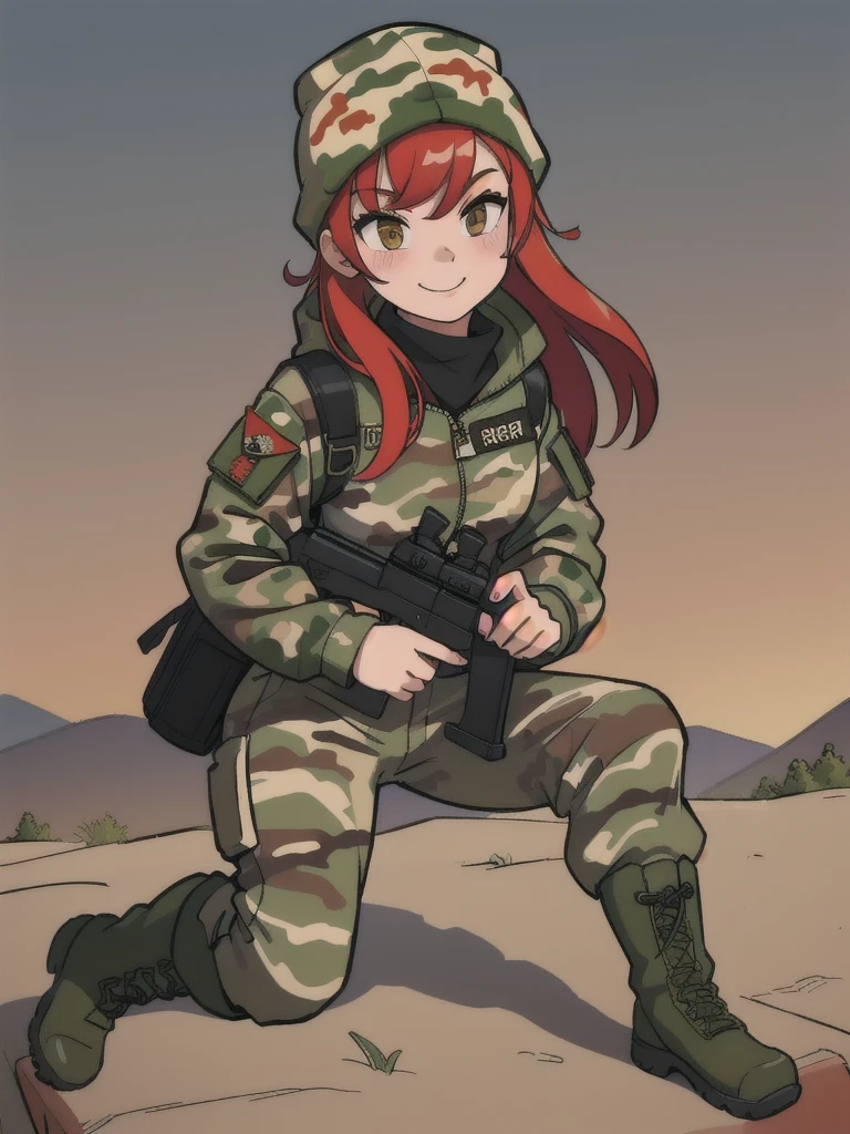 girl with smile and red hair, with a camouflage jacket, camouflage balaclava, camouflage pants and army boots.