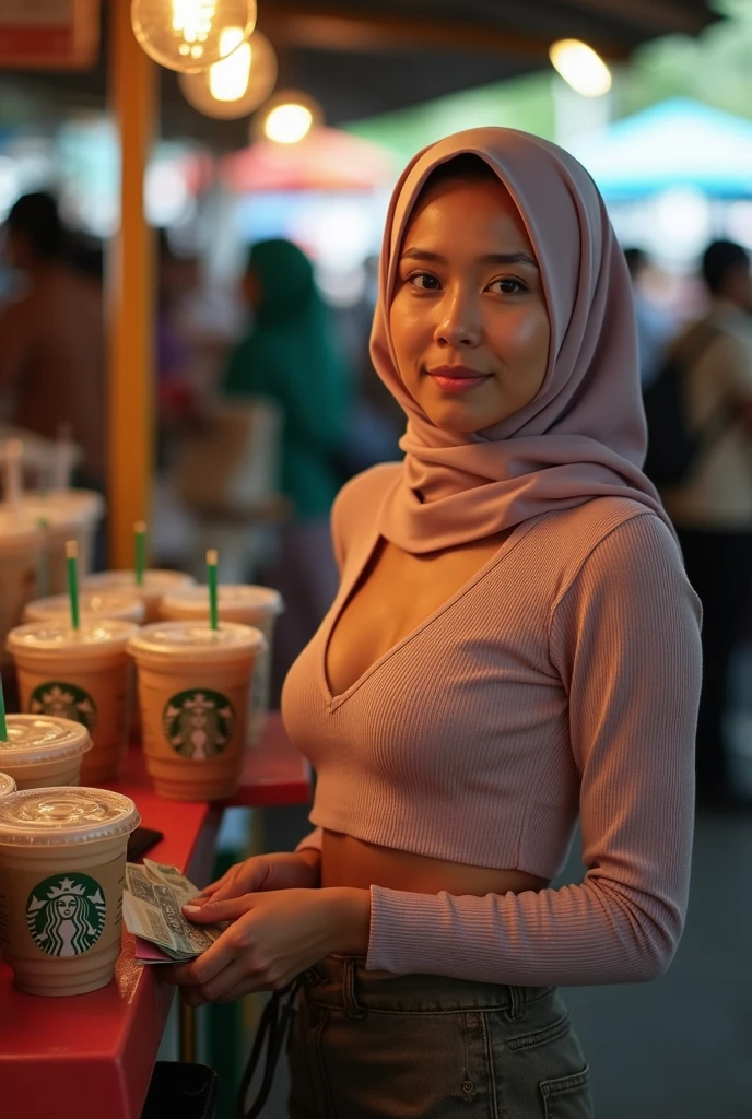 Girl with black pashmina hijab, shop assistant, coffe shop assistant, coffe Cashier, only dark green apron, naked aprons, no bra, no underwear, super calvages, plate in hand, only apron (high quality), (delicate face), very detailed, highest quality, professional lighting, Cowboys shot, from side photo view