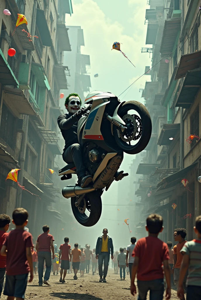 Joker badass doing a wheelie on his motorcycle