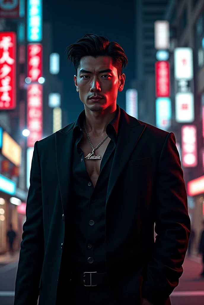 Handsome young japanese mafia standing in the middle of japan street at night, wearing a necklace with Marvin written on it.