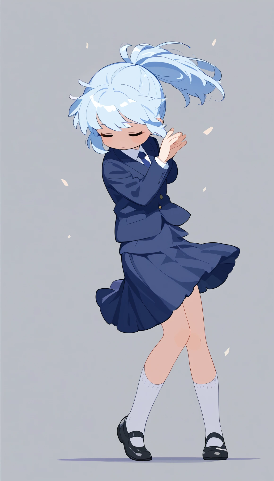 ((Top quality)), ((Masterpiece)), A girl with light blue hair and a ponytail, wearing a navy blue blazer and navy knee-length skirt. Close your eyes.　Short white socks. black shoes. dance. white background.