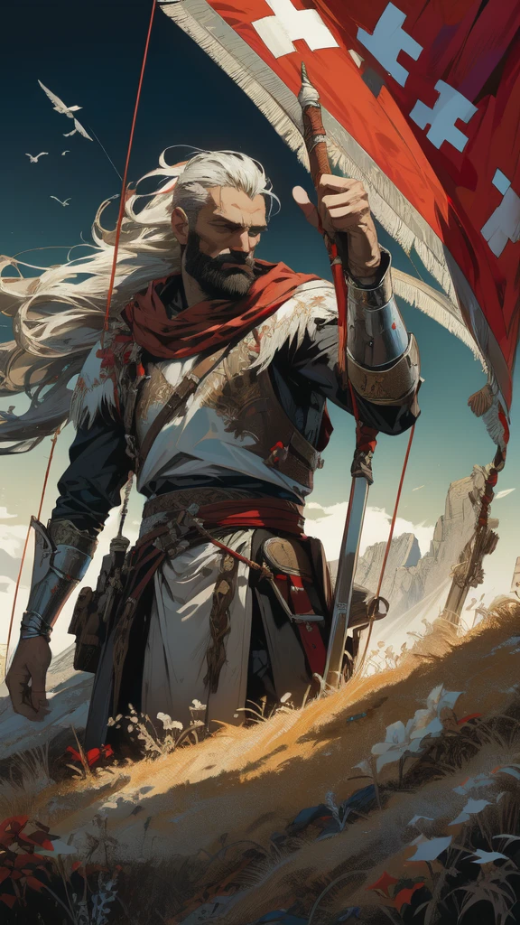 A beautiful warrior man in a fantasy fire, sagittarius, detailed eyes, detailed lips, medieval armor, flowing hair, heroic pose, dramatic lighting, digital painting, vibrant colors, cinematic, highly detailed, 8k, photorealistic, bow,The flag of Georgia consists of a white field with a large red cross that divides the flag into four quadrants. Each quadrant contains a small red cross, called a Bolnur-Katskhuri cross, making five crosses in total. The design is symbolic of Georgia's Christian heritage and is known as the "Five Cross Flag." The color palette is simple: red and white, symbolizing purity and courage.

For an AI art creator, you can emphasize the simplicity and boldness of the design, focusing on the contrast between the bright white background and the vivid red crosses. This clean and geometric look can be a powerful and minimalistic theme. For an AI art creator, you can describe a bow as a traditional weapon used in archery, consisting of a curved, flexible piece of material (usually wood or modern composites) with a string connecting both ends. The bow's central part, called the grip, is where the archer holds it. The limbs extend from either side of the grip and are bent by drawing the string back, storing potential energy that releases when the arrow is shot.

Visually, bows can range from elegant and simplistic designs like the classic longbow, which is tall and slightly curved, to the more complex and angular compound bows with pulleys and cables. If it's a fantasy or medieval style, it can have ornate engravings, wood textures, or glowing runes to evoke mysticism or a warrior's heritage.