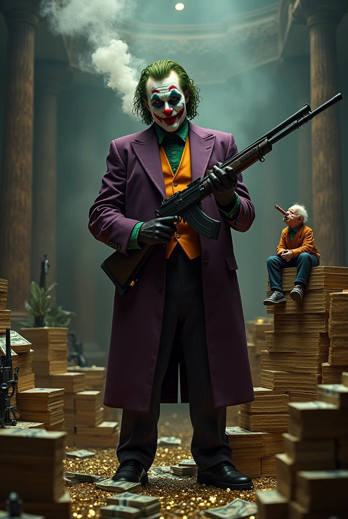 Stunning Joker with rifle in hand and smoking cigar with stacks of money gold diamond and knife weapons 8k photo, in action, cinematic. With little Uncle Scrooge sitting on one of the piles of money smoking a cigar