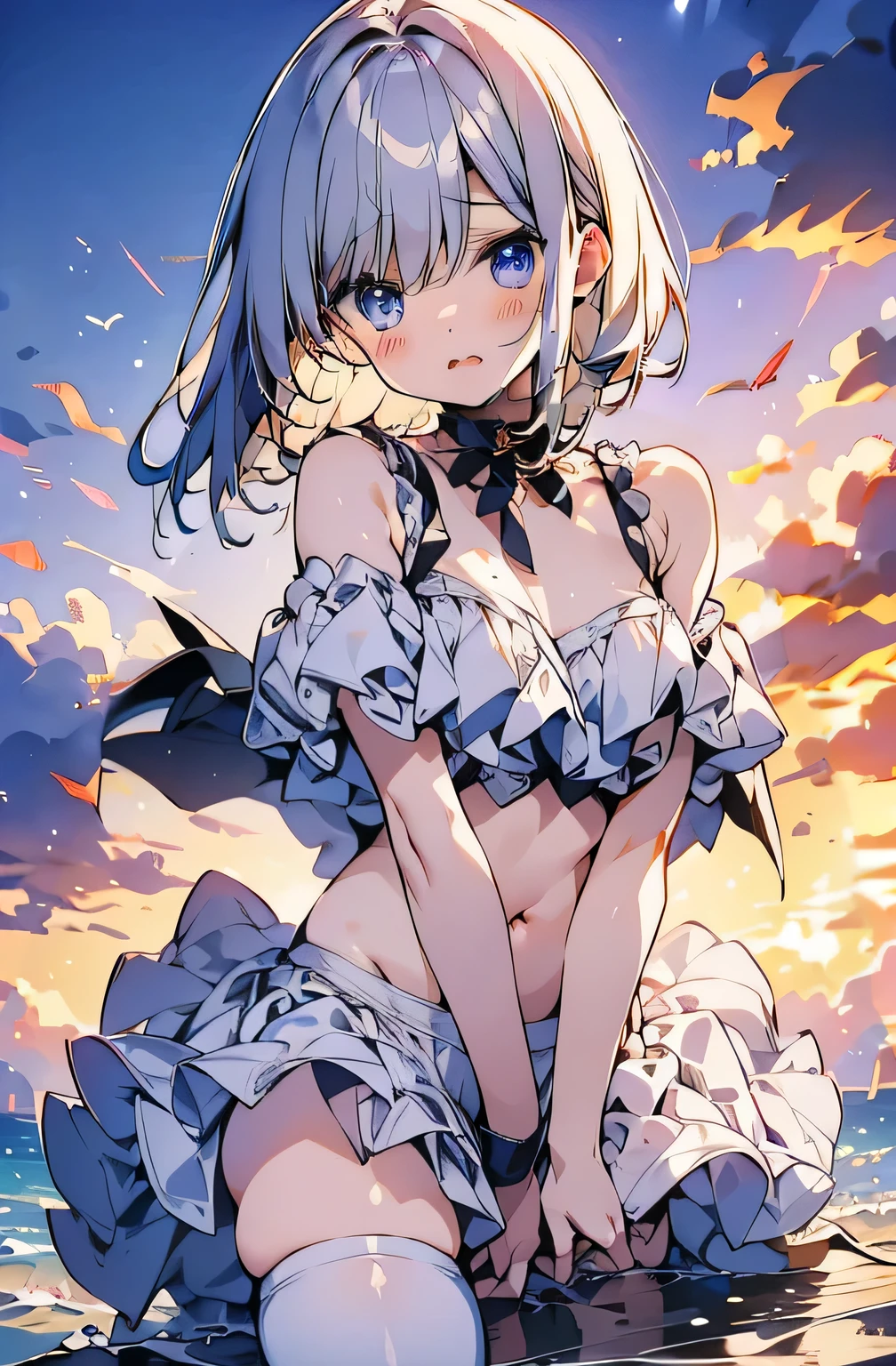 beautiful, masterpiece, Highest quality, anime, One girl, C Cup,Portrait Shot, View your viewers, Covered、Short Hair、nearby、Blue Eyes、art、、White hair,Blue streaked hair、wallpaper、hairpin、Cute smile、Thighs、navel、Black and White_Open race queen、Blue-black_Gloves、Blue-black_Knee-high boots、、Cute、Blue-black_Short skirt、circuit、blue sky、Blue-black_mini skirt、Blue-black_Very short skirt