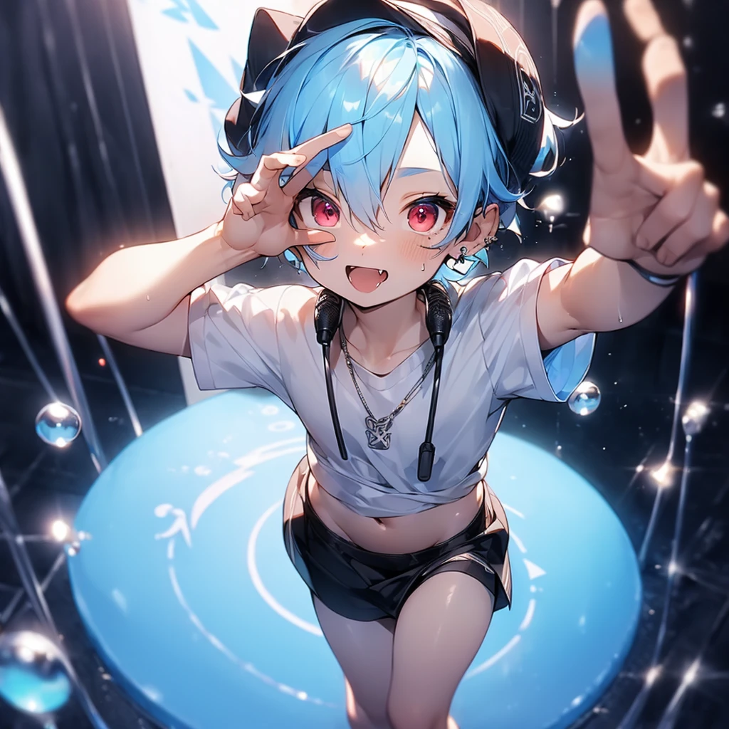 ((solo)), (boldline:-1.6), (dynamic pose:1.3), (arched back:1.3), ((bubble)), (thumbs up:1.5), (spread legs:1.4), (standing:1.5), (((fang))), (((best finger))), BREAK (best quality:1.5), (absolutely resolution:1.5), (ultra detailed:1.5), (masterpiece:1.5), (perfect face:1.5), (detailed face:1.3), (detailed eyes:1.5), (best eyes:1.5), (cute face), (shota:2), BREAK (white tank top:1.5), BREAK (white loincloth:1.5), (see throgh wet clothes:1.6), (bulge:1.6), (skinny:1.3), BREAK (light blue hair:1.5), ((spiked hair)), BREAK (wine red eyes:1.4), (eyes with highlight:1.6), ((mole under eye)), (sweaty skin), (smiling:1.5), ((earrings)), (shiny skin:1.3), BREAK (nature), (river), (forest), (sunlight), ((wind blowing)), (((nipple))), (abs), groin, water splashing, wide angle,