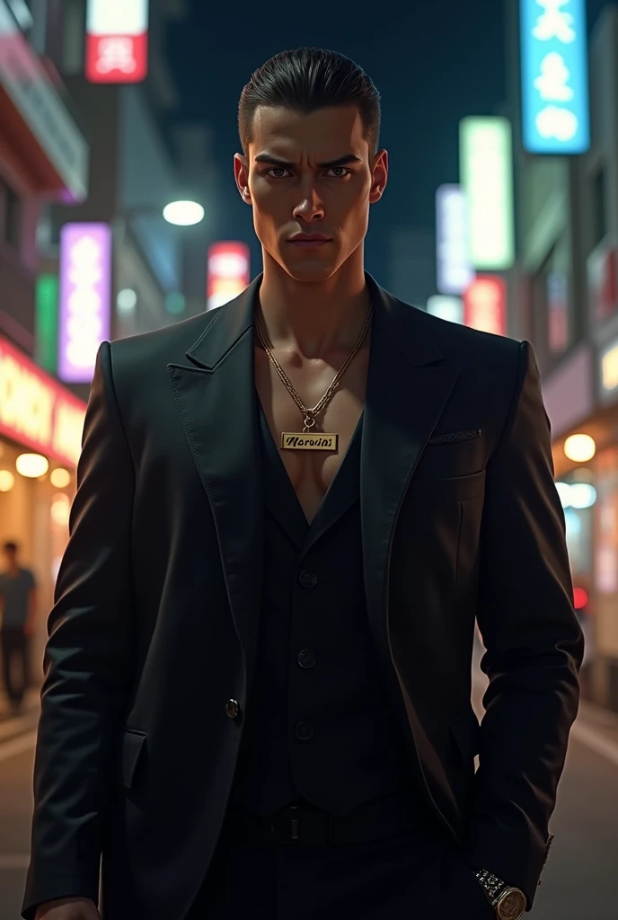 Most handsome young Japanese mafia standing in the middle of japan street at night, wearing a necklace with Marvin written on it.