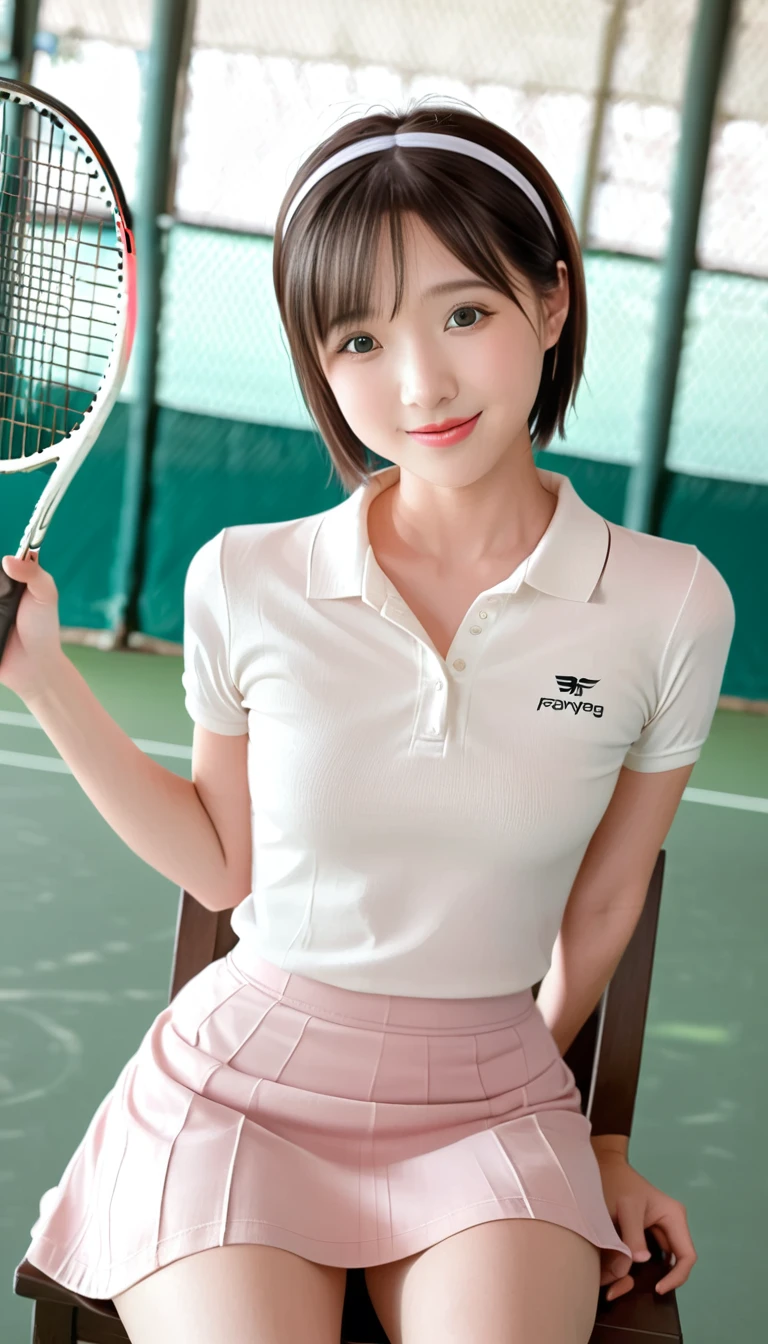 ((Best Quality)), ((masterpiece)), (detailed), One girl, 20 years old,Black Hair,Short Hair,Polo shirt,Pale pink underwear,Visible underwear,Tight skirt,White Skirt,Thick fabric skirt,Do not brush the skin,A lackluster skirt,small tits,Asian,Sit on a chair,whole body,((round face:1.4)),Big eyes,Thick big lips,Glossy lips,Beautiful eyes,smile,praying tennis,Tennis court,Headband,jumping