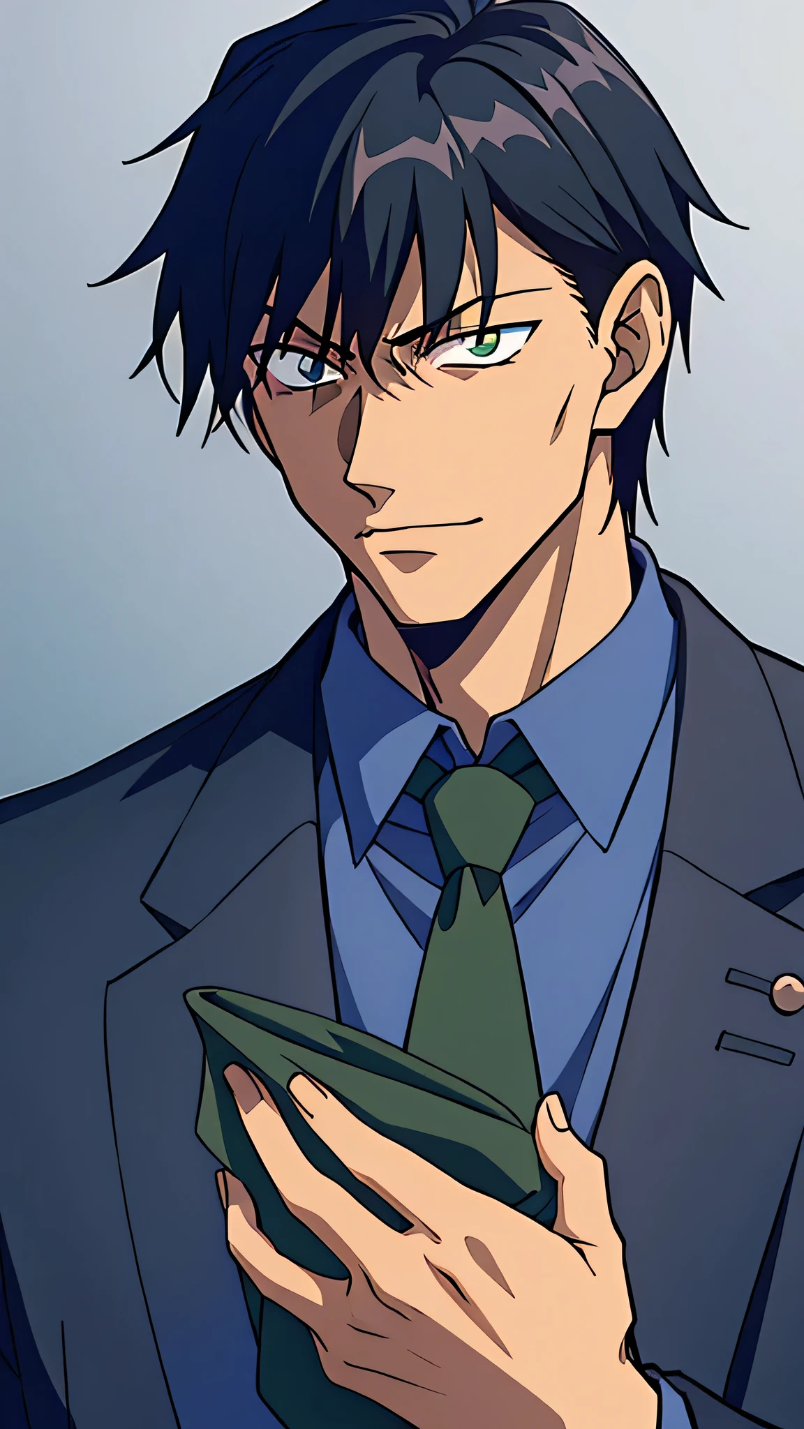 fushiguro toji, 1male, solo, dark blue suit, green necktie, dark blue slack, black hair, evil face, scar from a cut at the left corner of the mouth,