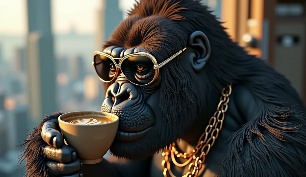 masterpiece, best quality, photorealistic ,fashionmonkey, gorilla, eyewear on head, gears, gem, goggles , gold, jewelry, magic circle,male_focus, owl, pants, shoes, sunglasses, tassel, throne, drinking coffe in a Starbucks cup