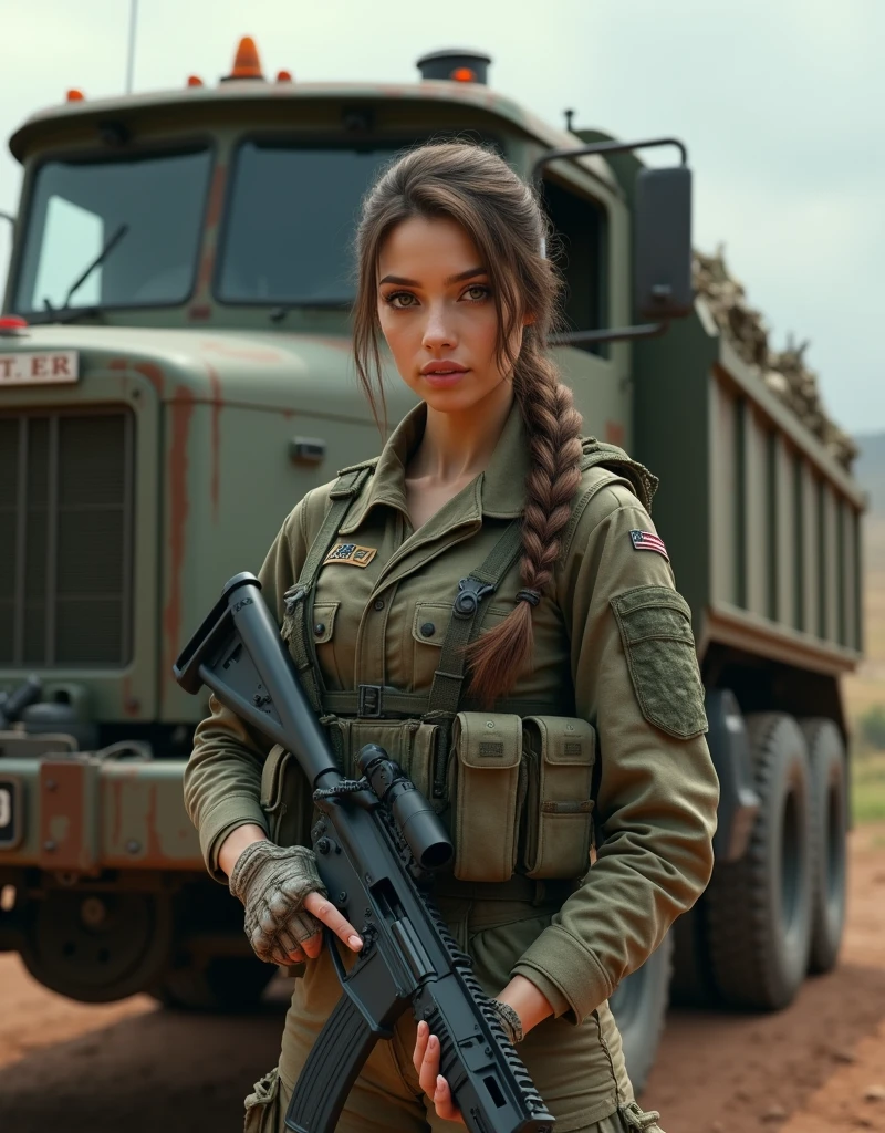 (photorealism:1.2), beautiful armed woman, missile turret, military uniform