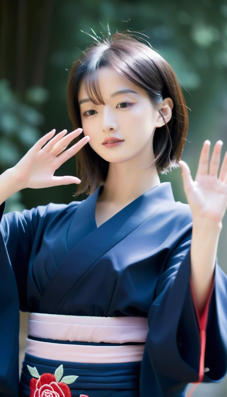 A slender Japanese model with a blunt straight haircut, wearing an exquisite kimono adorned with rose embroidery, makes a heart shape with her hands in the center of Kyoto. BREAK Featured on the cover of a magazine