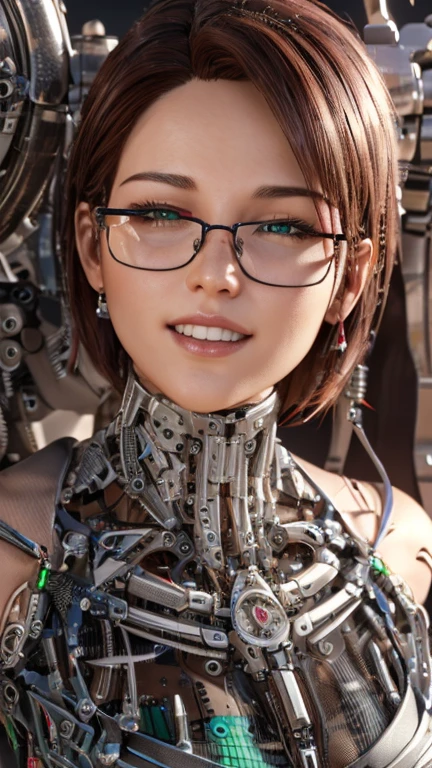 portrait, close-up, Upper body. Short, red hair, green eyes, glasses with metal frames, green shirt, cheerful smile, happy girl . (masterpiece, top quality, best quality, official art, beautiful and aesthetically pleasing:1.2), extremely detailed,(fractal art:1.2),Colorful,The most detailed, (dynamic pose), (mechanical watch background:1.5), (many numbers:1.4). ((SPLIT. elegance. photorealism. unreal engine. 3D model. Ultra high quality textures. high detail. permission 8k))