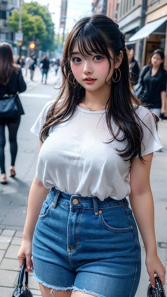 a chubby girl in a white see through Shirt and blue jeans, in a crowded street, large sagging breast, real skin texture, necklace, bracelet, earring, ring, detailed detail, ultra sharp, messy hair bun,  