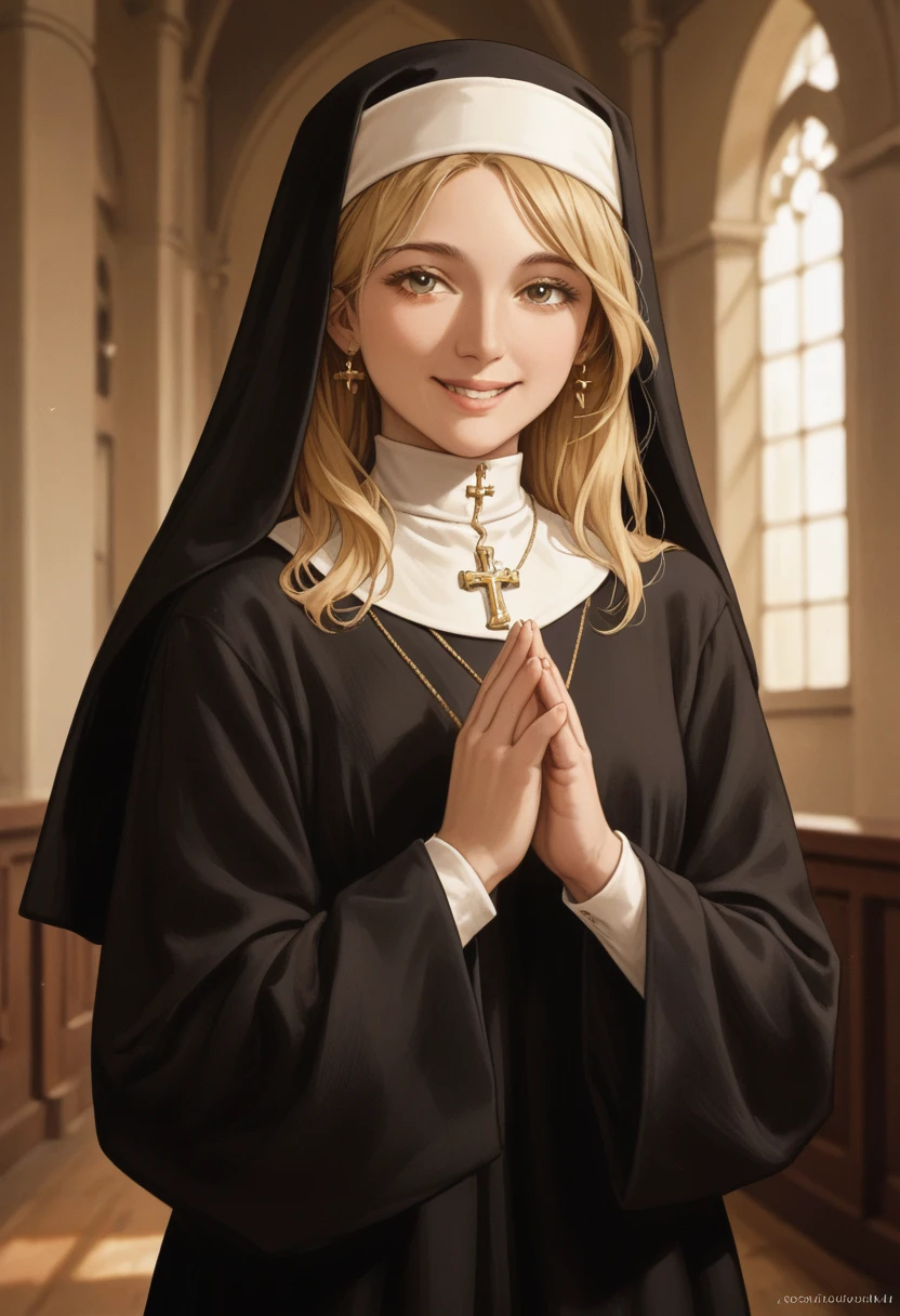 Beautiful Caucasian、Painting of detailed realistic. folk art woman style portrait. ((victorianstyle)).Praying.head shot、smile,Nuns.((Anatomically correct body))、((Best Quality)), ((masterpiece)),、 Blonde woman,standing.Room light、Alone, At eye level, masterpiece 現実的