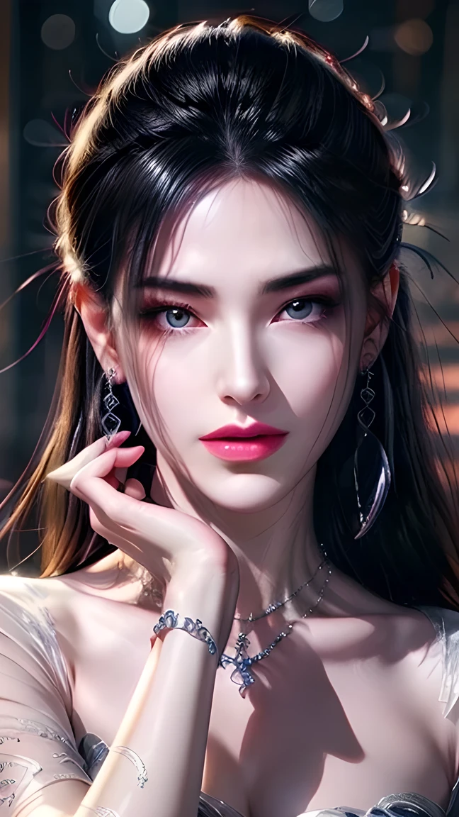 Game Art，CG Animation，Best image quality，Maximum resolution，8K，(Half-length photo)，(portrait)，(Close-up head)，(Rule of Thirds)，Unreal Engine 5 rendering work，20-year-old girl，((Queen))，The eyes are very detailed，(Large Breasts)，Elegance and nobility，Movie Lighting，Ray Tracing，Game CG，(([3D Unreal Engine))，OC Rendering Reflection Pattern，4K，Ultra-clear，Translucent lace，Fair and plump figure，Pretty Face，Glossy gel coat，The Queen in a luxurious dress，Necklace Jewelry，Intricate tattoo designs，The tattoo is very delicate，goddess，Large Breasts，Steel bracelet on arm，Open one eye and close one eye