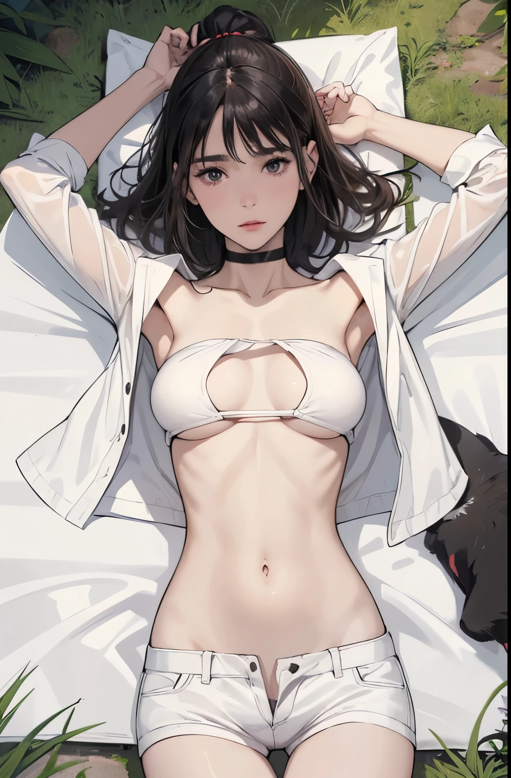 Masterpiece, Best quality, Highly detailed, Ultra high resolution, Idol Accelerator, 1 girl, alone, Perfect body, Hair accessories, Glossy lips, Medium chest, Diaphragm, shorts, White underwear, Disunity, White jacket, Black inner shirt, Ponytail, Hands in pockets, Show abdomen, Revealing the lower abdomen，Sexy belly, Long black hair, ((wide Open the abdomen))、((Open the abdomen))、((wide Open the navel))、((Open the navel))、((bare stomach))、((Extra low waist))、 ((Navel expulsion)), nature(Medium chest), sleep on the floor, Spread your legs, Raise both arms, Beautiful navel, Vertical navel, nature(Vertical navel)