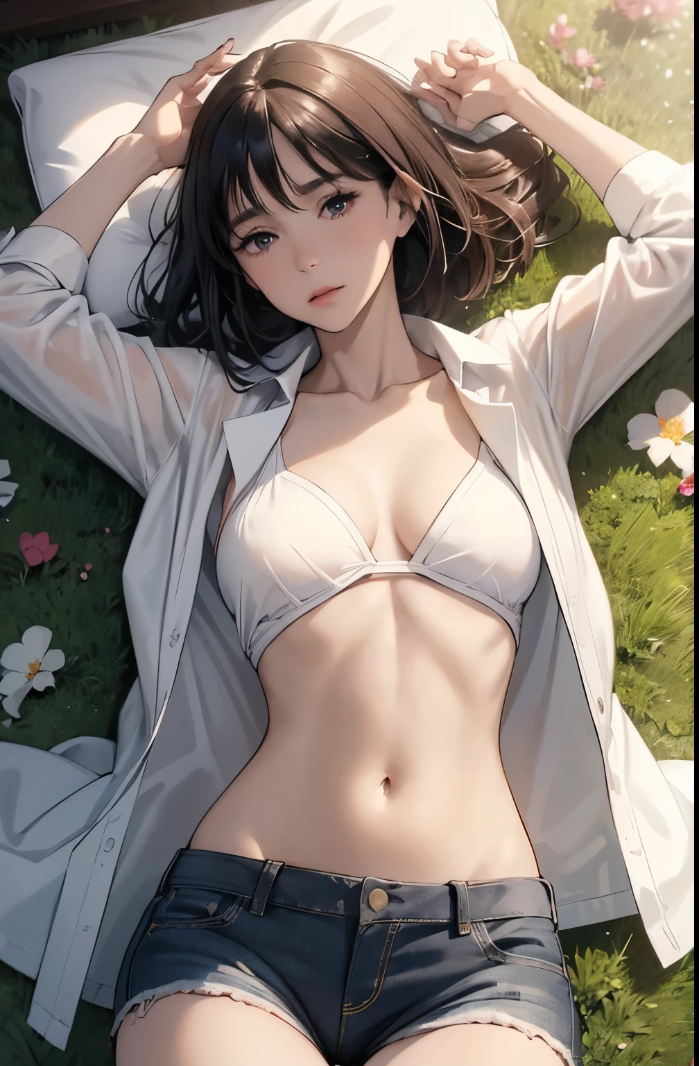 Masterpiece, Best quality, Highly detailed, Ultra high resolution, Idol Accelerator, 1 girl, alone, Perfect body, Hair accessories, Glossy lips, Medium chest, Diaphragm, shorts, White underwear, Disunity, White jacket, Black inner shirt, Ponytail, Hands in pockets, Show abdomen, Revealing the lower abdomen，Sexy belly, Long black hair, ((wide Open the abdomen))、((Open the abdomen))、((wide Open the navel))、((Open the navel))、((bare stomach))、((Extra low waist))、 ((Navel expulsion)), nature(Medium chest), sleep on the floor, Spread your legs, Raise both arms, Beautiful navel, Vertical navel, nature(Vertical navel)