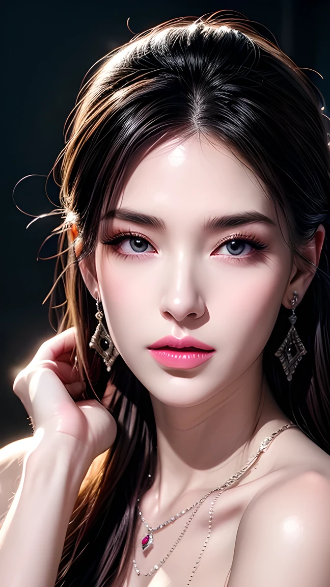 Game Art，CG Animation，Best image quality，Maximum resolution，8K，(Half-length photo)，(portrait)，(Close-up head)，(Rule of Thirds)，Unreal Engine 5 rendering work，20-year-old girl，((Queen))，The eyes are very detailed，(Large Breasts)，Elegance and nobility，Movie Lighting，Ray Tracing，Game CG，(([3D Unreal Engine))，OC Rendering Reflection Pattern，4K，Ultra-clear，Translucent lace，Fair and plump figure，Pretty Face，Glossy gel coat，The Queen in a luxurious dress，Necklace Jewelry，Intricate tattoo designs，The tattoo is very delicate，goddess，Large Breasts，Steel bracelet on arm，Open one eye and close one eye