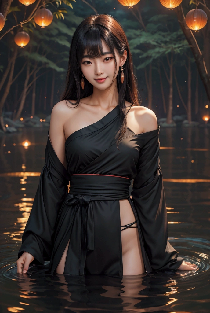 Asian、model、Black Hair、Long Hair、Big Breasts、Topless、kimono、Spread your legs、winter、Paddy field、night