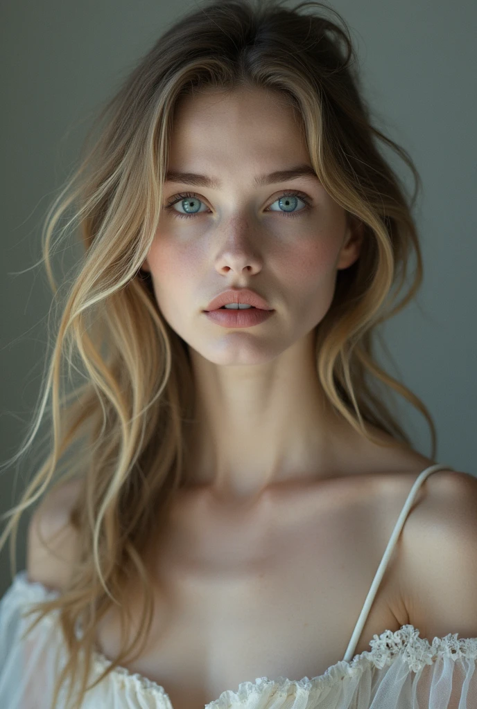 (Masterpiece, Best Quality, Highres:1.2), RAW photo, photorealistic, natural light, epiC Realism, TXT2IMG, full realism, (close up portrait of a beautiful cute skinny 19 years old, Swedish buisiness woman, seductive eyes, studio lighting professionally color graded. you wanna merry her) skin pale model, Georgy, a stunning beauty, sits elegantly with artistic precision, pretty woman, professionally color-graded for maximum impact. The framing of the shot captures Georgy's natural proportions, adhering to the Golden Ratio, creating an air of serenity and beauty., her pale white skin glowing in the warm, bright soft diffused light., skin colour ( pale White skin) photorealistic, realistic, best quality, 4K, masterpiece, extremely detailed, highly detailed, natural make-up, pubic hair,  cute, pretty, attractive, glamorous, sexy, sensual, long dark hair, blue eyes, Athletic body, pale, fair skin, vellus hair, realistic chest, tiny tits, flat belly, toned stomach, thin build, wearing makeup, eyeshadow, eyeliner, rouge, Natural proportions ,Skin hairs , Rough skin, Cellulite, Blisters skin, Shiny skin ,skin texture , skin highly detailed ,skin texture detailed, Skin bristles, Skin goosebumps, Skin chills ,Grainy skin , cinematic lighting, stunningly beautiful, intricate ,Shiny lips, (professionally color graded), (bright soft diffused light),(extremely detailed 8k wallpaper), mood lighting, high quality, film grain, Fujifilm XT3 sharp focus, f 5.6, 50mm, High Detail, Sharp focus,(dark light), boudoir lighting, sits elegantly with artistic precision, her pale skin glowing in the warm, bright soft diffused light. Every detail of her skin is intricately rendered: Skin pores details, Hair follicles, skin cells, skin wrinkles, healthy skin, perfect body, Skin pores, skin wrinkles, healthy skin, skin texture, natural breast, natural nipple, Light shine on the skin, realistic natural body anatomy and pale white skin, skin bristles, all visible under the cinematic lighting.