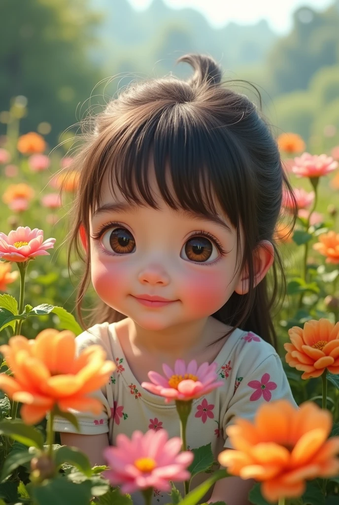 a cute, detailed, ten year old girl playing in a colorful vibrant flower garden, ultra-detailed, 8k, (best quality,4k,8k,highres,masterpiece:1.2),ultra-detailed,(realistic,photorealistic,photo-realistic:1.37),stunning detailed portrait, intricate detailed floral garden, natural lighting, cinematic composition, warm color palette, vibrant colors, lush foliage, shallow depth of field, golden hour