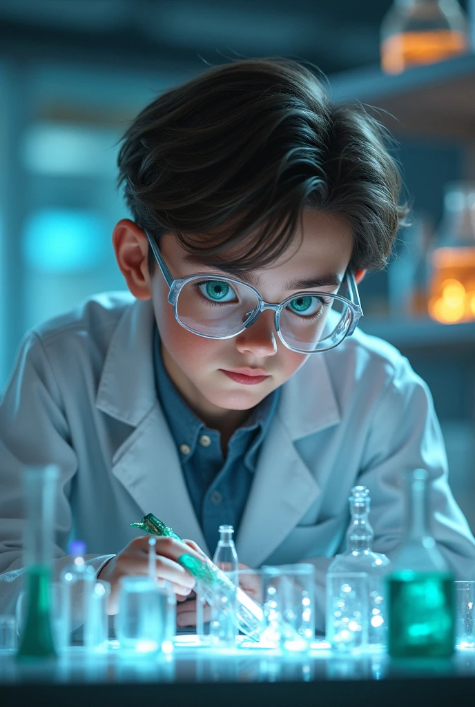 portrait of a schoolboy in a chemistry lab, choose finger, ((masterpiece)), Best quality, modern in the magic laboratory, upper body, character